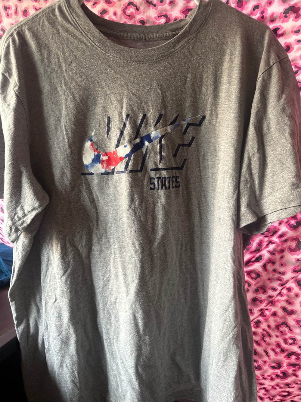 Nike Gray T-Shirt with Red & Blue Swoosh Graphic